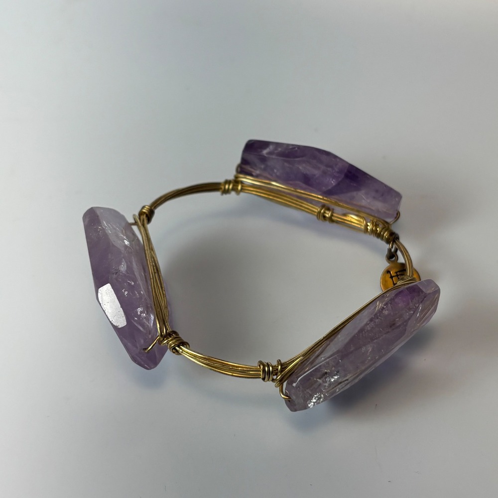 Bourbon and Boweties Bangle Purple Amethyst Gold Wire Wrap Statement Bracelet